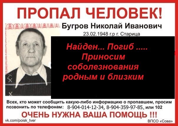 Бугров Николай Иванович, пропавший в Старицком районе, найден погибшим