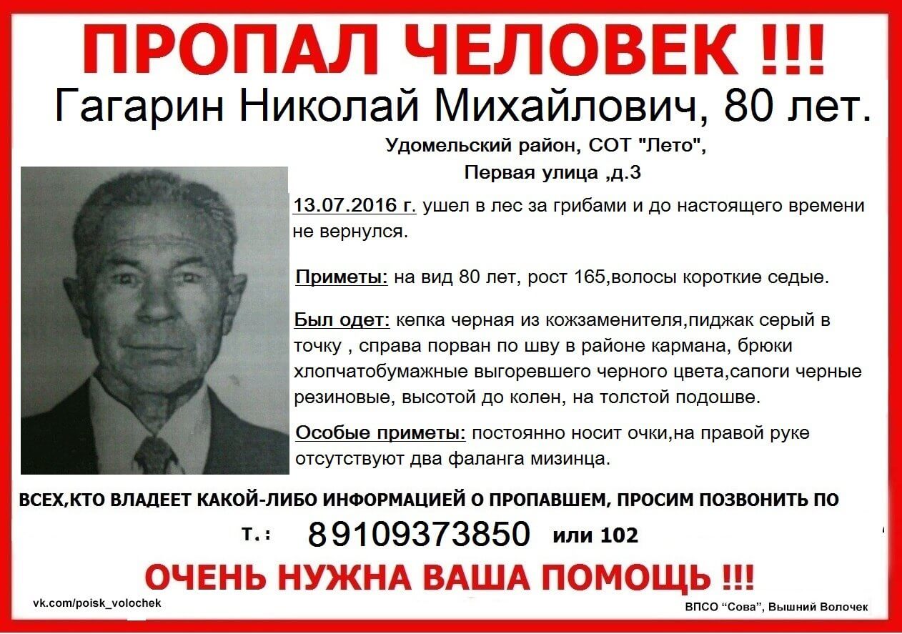 В Удомельском районе пропал Николай Гагарин